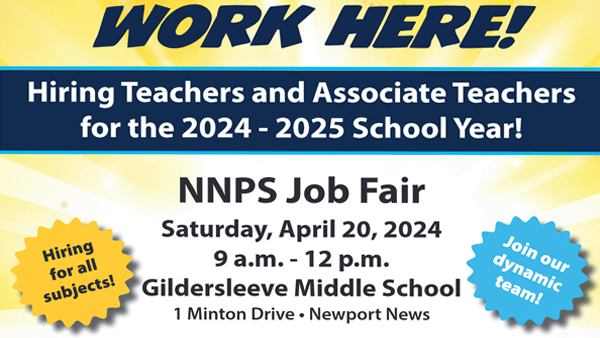 NNPS Job Fair, Saturday, April 20, 9am-12pm, Gildersleeve Middle School