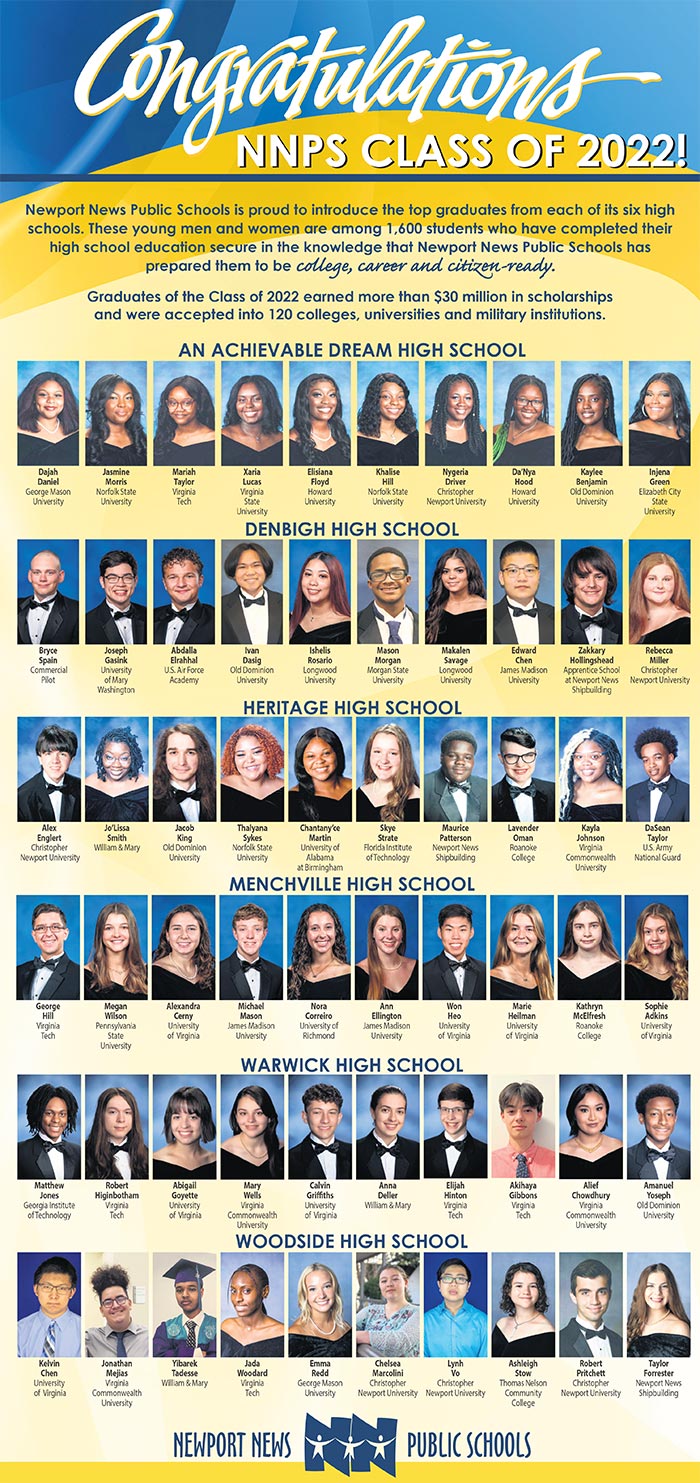 Names and photos of the top graduates in each of Newport News' six high schools.