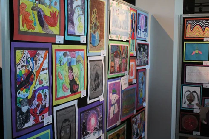 Various pieces of student artwork on display