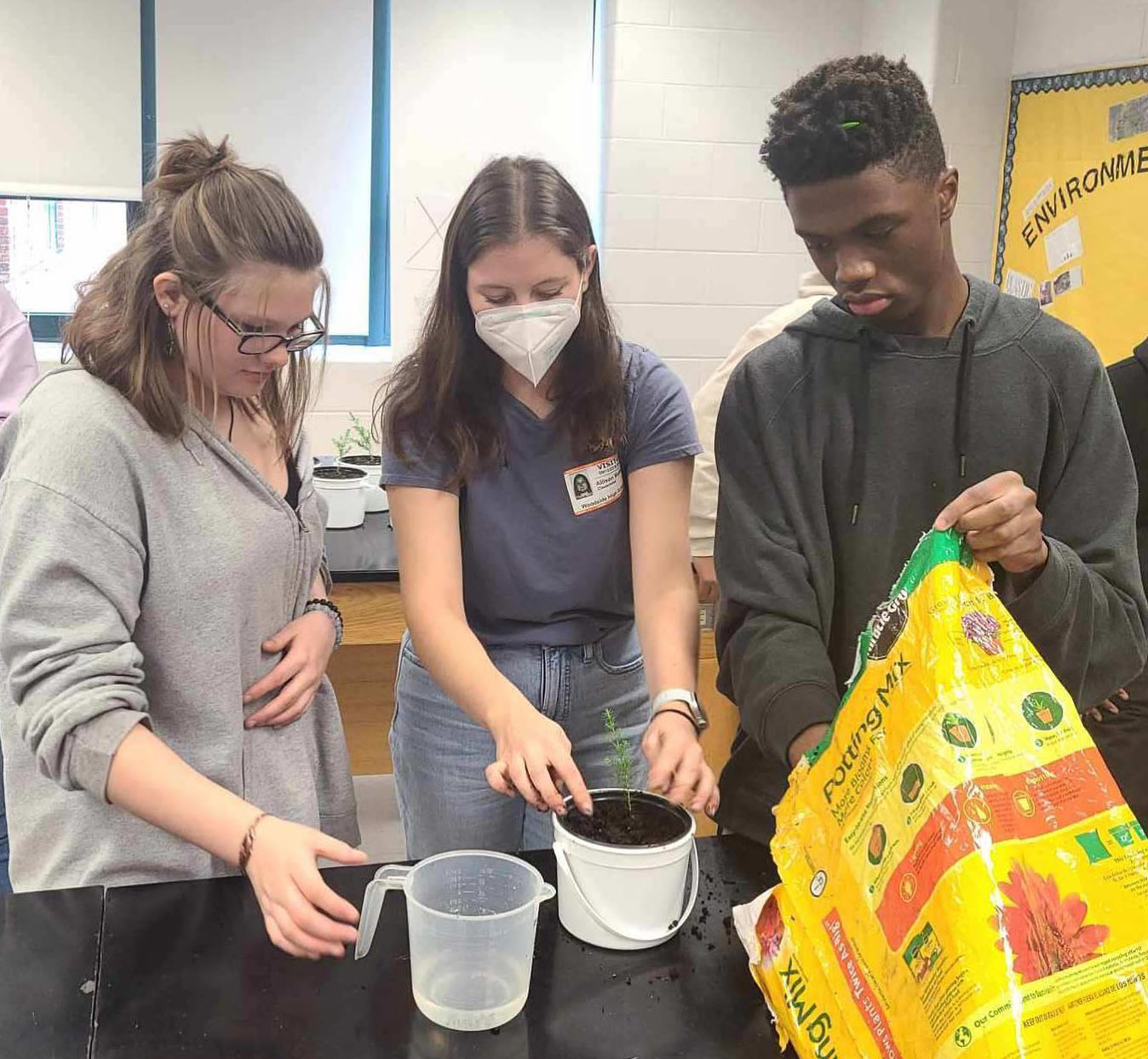 Woodside High students in environmental science classes planted cedar seedlings as they begin a partnership with the biology department at Christopher Newport University. The students are researching the effects of saltwater on the young trees.