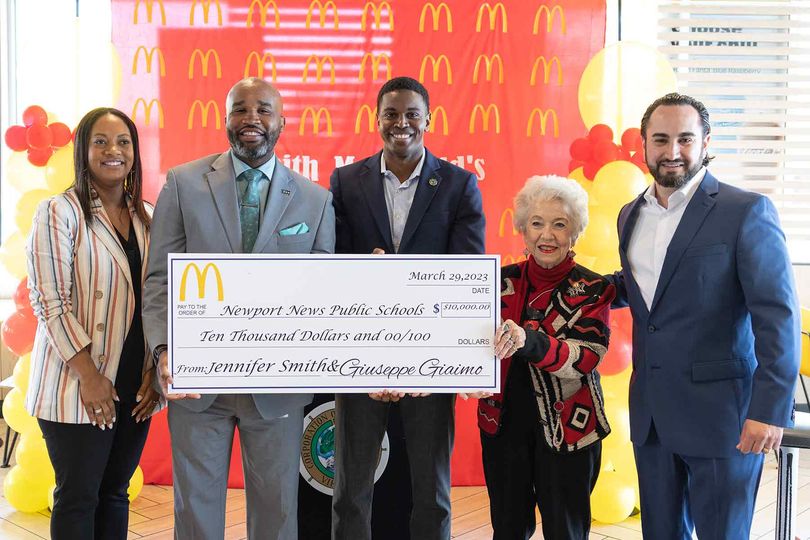 Pictured left to right: Jennifer Smith, NNPS Chief of Staff Rashard Wright, Newport News Mayor Phillip Jones, Councilwoman Dr. Patricia Woodbury, and Giuseppe Giaimo.