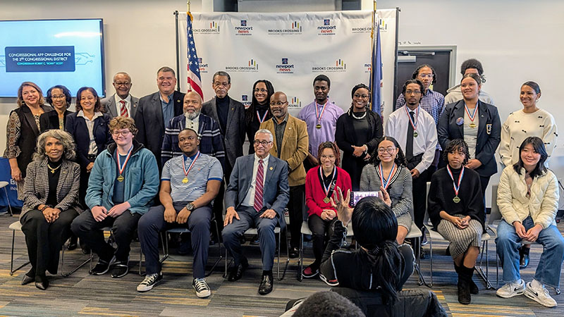 Students who participated in the Congressional App Challenge with Congressman Bobby Scott (front, center), city and schools officials